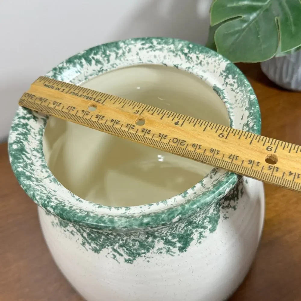 Vintage 80s Apple Cookie Jar Canister Medium Green Spongeware Ceramic Signed